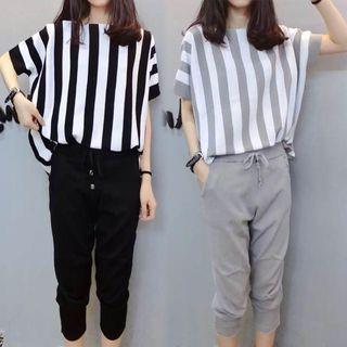 Set: Pinstripe Short-sleeve T-shirt + Tapered Pants