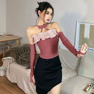 Set: Ruffle Bow Accent Halter Top + Fingerless Gloves