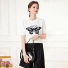 Short-sleeve Crew Neck Butterfly Pattern Knit Top White - One Size