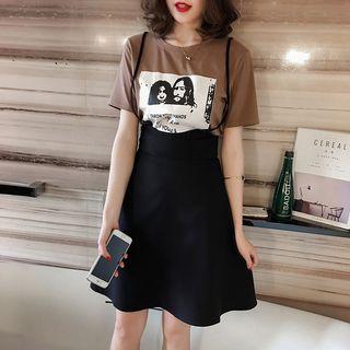Set: Short-sleeve Printed T-shirt + Jumper Skirt