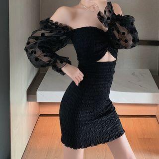 Dotted Panel Off-shoulder Mini Sheath Dress