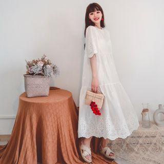 Plain Embroidered Eyelet Midi A-line Dress