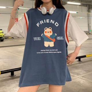 Mock Two-piece 3/4-sleeve Print T-shirt