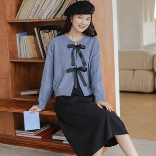 Set: Lace-up Knit Cardigan + Sleeveless A-line Dress