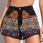 Patterned Embroidered Denim Shorts