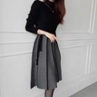Long-sleeve Knit Zigzag Pattern Midi A-line Dress Black - One Size