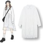 Long-sleeve Lace Trim A-line Shirtdress White - One Size