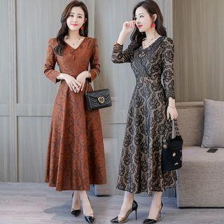3/4-sleeve Floral Midi A-line Lace Dress