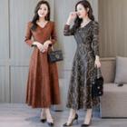 3/4-sleeve Floral Midi A-line Lace Dress