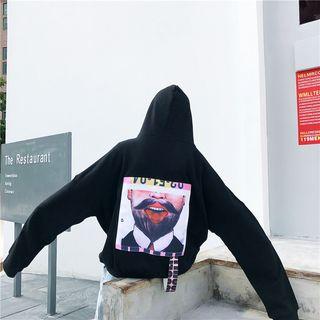 Long Sleeve Drawstring Print Back Loose-fit Hoodie