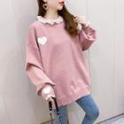 Lace Collar Heart Print Sweater