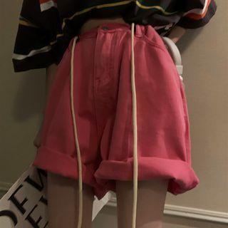 High Waist Drawstring Plain Denim Shorts