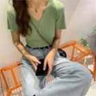 Short-sleeve Button-up V-neck Knit Top