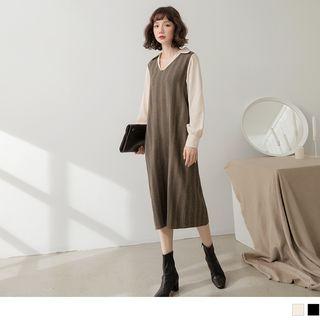 V-neck Pattern Mock Two Piece Dress