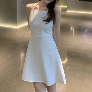 Faux Pearl Spaghetti-strap Mini A-line Dress
