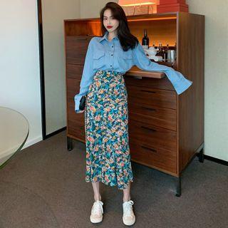 Denim Shirt / Floral Midi A-line Skirt