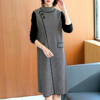 Houndstooth Long-sleeve Knit Shift Dress