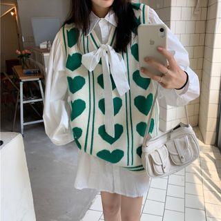 Long-sleeve Plain Shirt + Sleeveless Heart Print Knit Vest