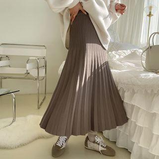 Accordion-pleat Maxi Knit Skirt Mocha - One Size