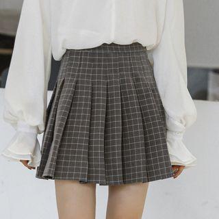 Windowpane Check Pleated Skirt