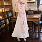Set: Floral Print Slit Midi Cheongsam + Sleeveless A-line Midi Dress