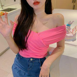 Short-sleeve Off-shoulder Crisscross Knit Top