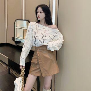 Cold-shoulder Pointelle Knit Sweater / Faux Leather A-line Skirt