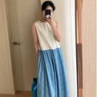 Round Neck Color Block Cut Out Oversized Sleeveless Dress