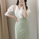Elbow-sleeve Floral Buttoned Top / Midi Pencil Skirt