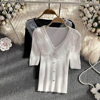 Short Sleeve Collared Ribbed Knit Top