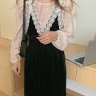 Puff-sleeve Blouse / Lace Trim Overall Dress