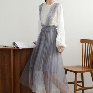Set: Lace Blouse + Mesh Overall Dress