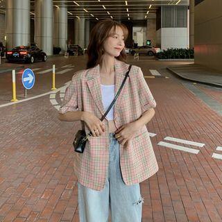 Short-sleeve Plaid Blazer Pink - One Size