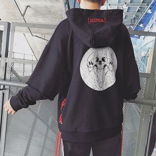 Couple Long-sleeved Floral Print Loose-fit Cartoon Hooded Sweatshirt