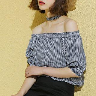Elbow-sleeve Off-shoulder Plaid Blouse