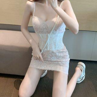 Spaghetti-strap Mini Sheath Lace Dress White - One Size