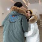Couple Matching Furry-trim Embroidered Zip Hooded Padded Parka