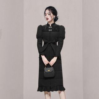 Long-sleeve Sequined Frill Trim Dress