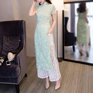 Set: Lace Short Sleeve Maxi Qipao + Lace Wide Leg Pants