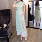 Set: Lace Short Sleeve Maxi Qipao + Lace Wide Leg Pants
