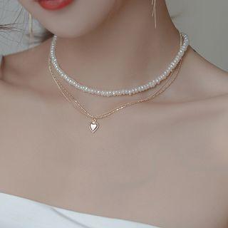 Faux Pearl Necklace / Heart Necklace