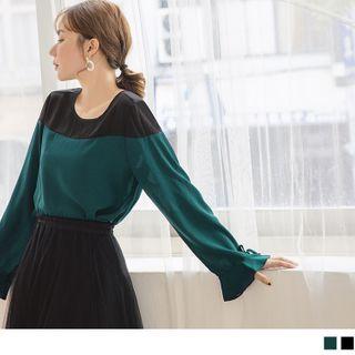 Bell Sleeve Dotted Panel Chiffon Top