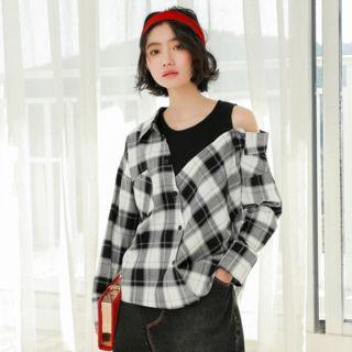 Mock Two-piece Plaid Shirt Black & White - One Size