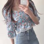 Bell-sleeve Lace Trim Floral Printed Top