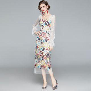 Long-sleeve Floral Embroidered Midi Sheath Dress