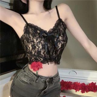 Ribbon Accent Lace Cropped Camisole Top Black - One Size