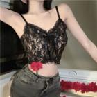 Ribbon Accent Lace Cropped Camisole Top Black - One Size
