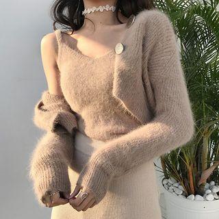 Set: Furry Cardigan + Knit Tank Top Khaki - One Size