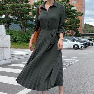 Long-sleeve Pleated Midi Shirtdress