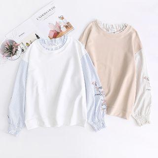 Striped Panel Embroidered Long-sleeve Top